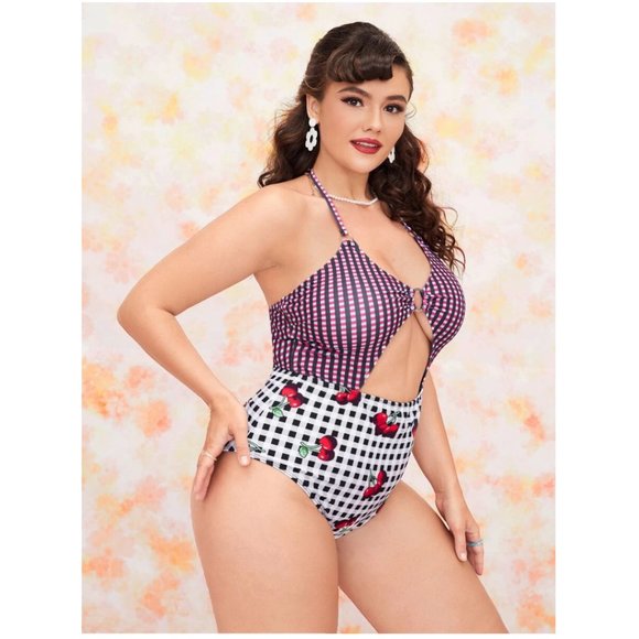 SEXY PLUS GINGHAM RETRO PINUP CHERRY PRINT HALTER CUT OUT 1 PC SWIMSUIT - Picture 2 of 4